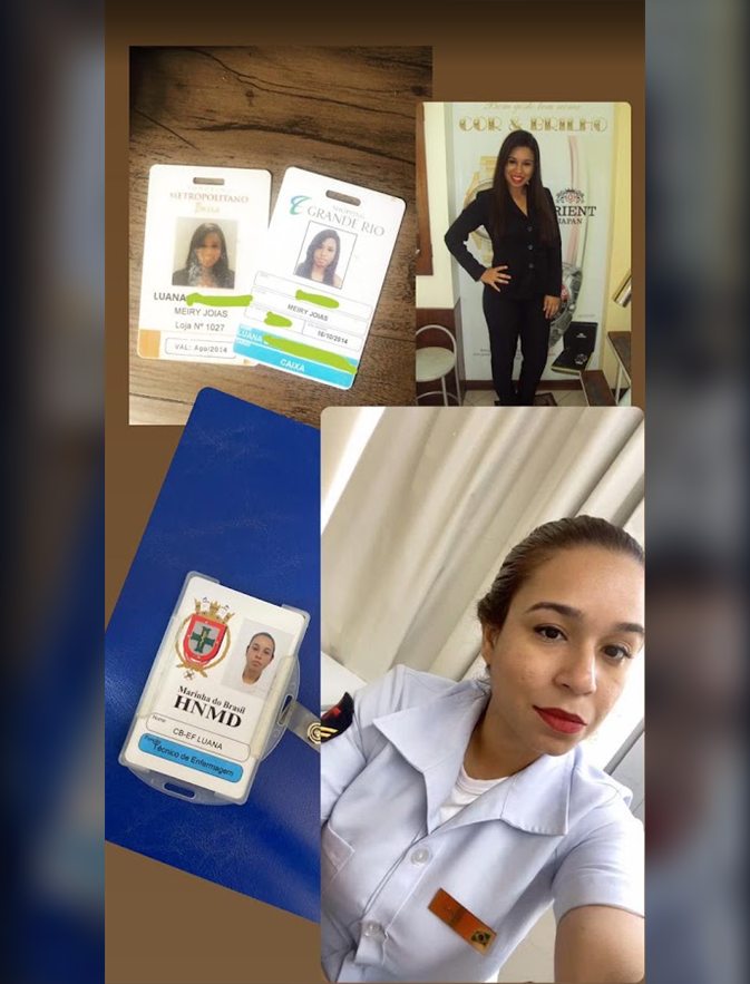 Trajetória de Luana: crachás de caixa de loja e, depois, identificação como técnica de enfermagem na Marinha do Brasil